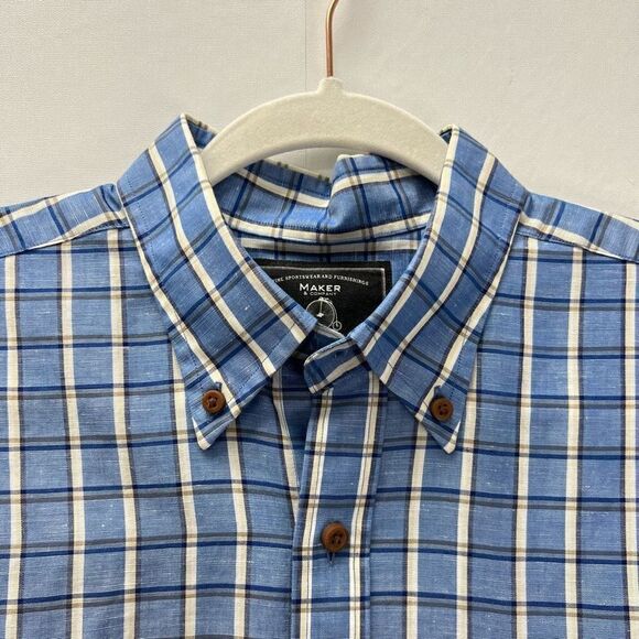 Maker & Company Linen Cotton Blend Blue Plaid Button Front Casual Shirt Size L - Picture 2 of 8